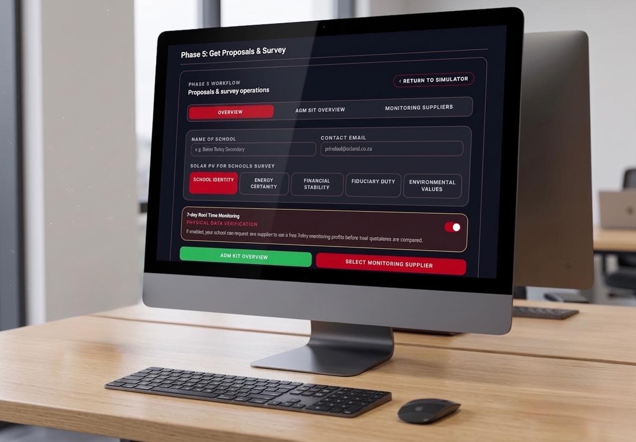 Desktop workspace showing Phase 5 Get Proposals and Survey on a large display